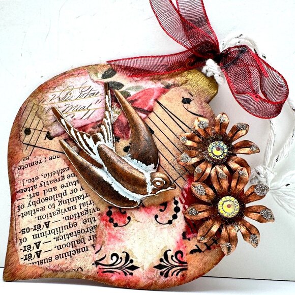 Handcrafted OOAK Vintage-Inspired Collage Ornament Bronze Tone Bird Pink Flower - Picture 3 of 8